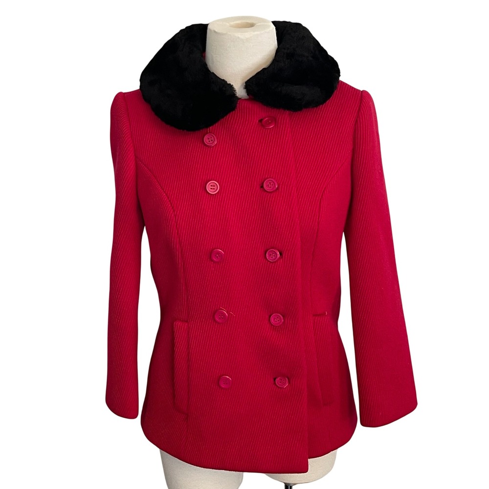Vintage Monarch New York Red Wool Jacket Black Fur Collar Double Breasted